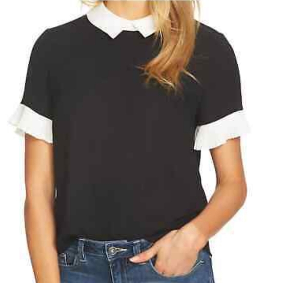 CeCe Point Collar Pleat Short Sleeve Color Block Blouse Size XS NWT'S - Picture 2 of 11